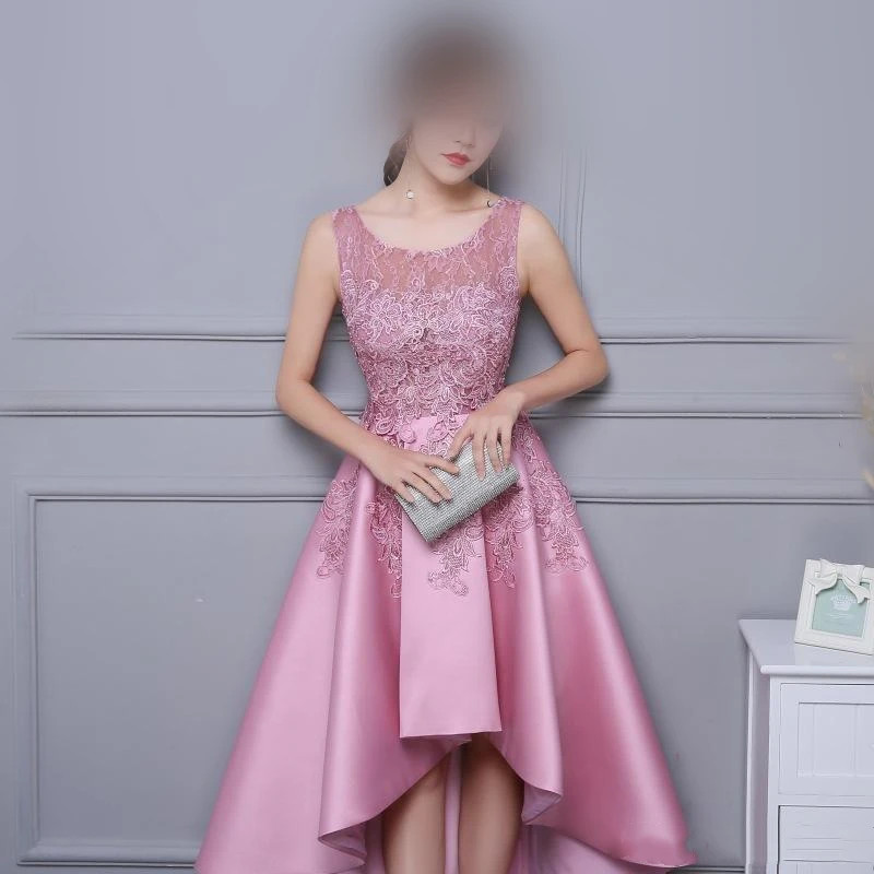 Elegante laço de cetim alta baixa vestidos de dama de honra com apliques curto frente longa volta vestido de festa robe de soirée femme 22