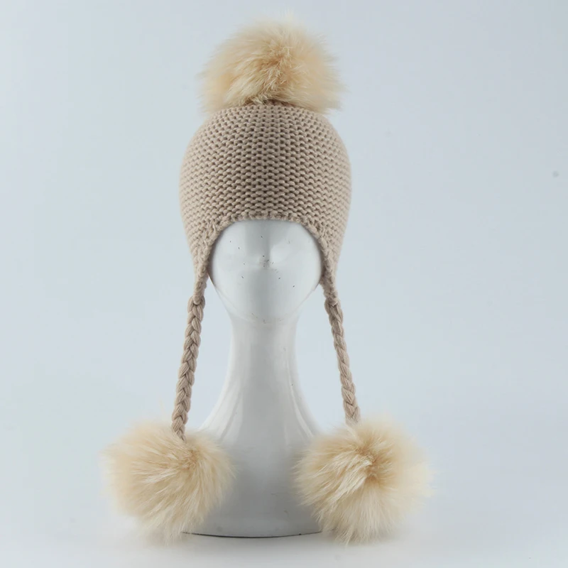 Mùa Đông Cho Bé Bò Nón Lưỡi Trai Trẻ Em Earflap Mũ Trẻ Em 3 Pompom Lông Mũ Len Tự Nhiên Thật Lông Pom Pom Mũ Dành Cho bé Gái Bé Trai