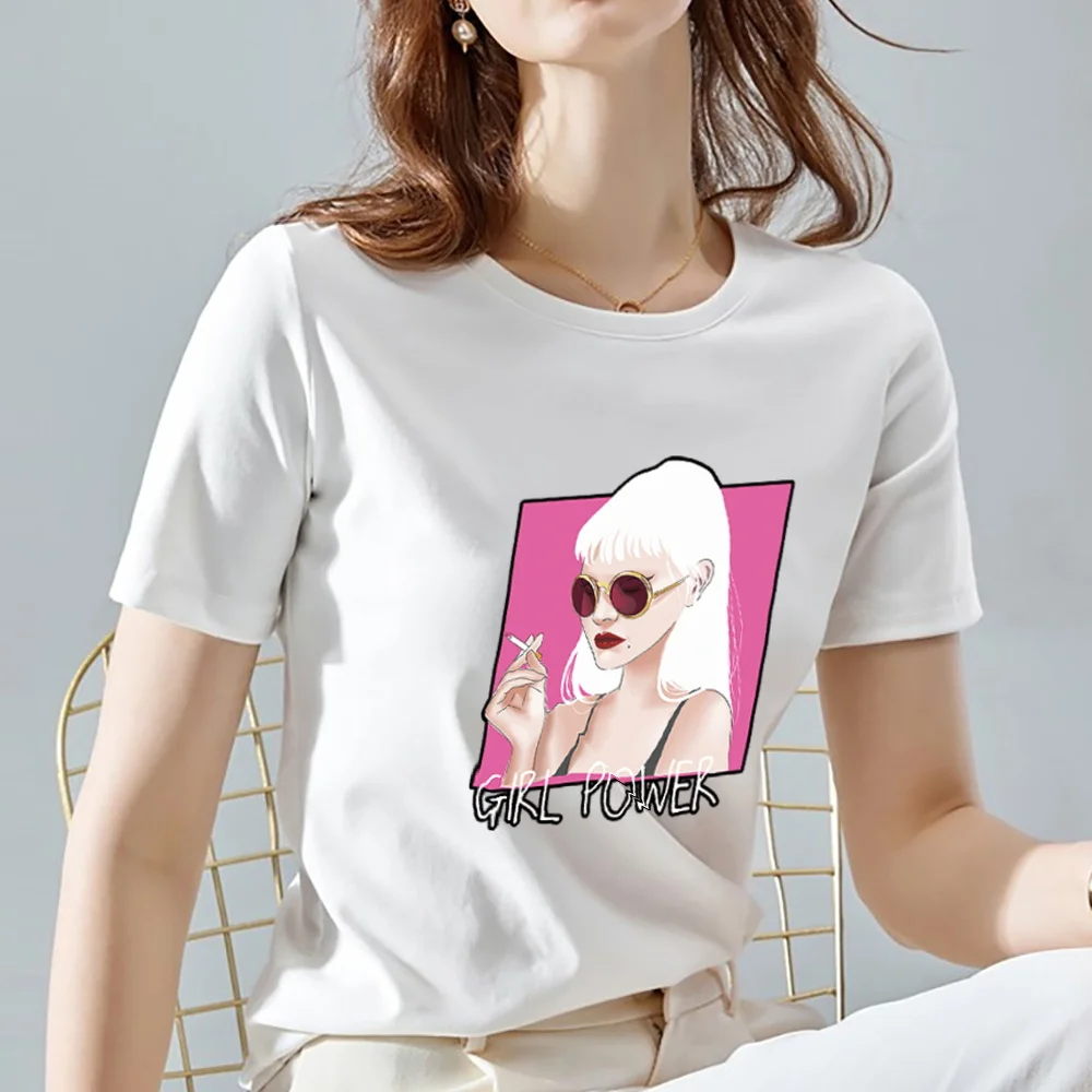 Women's T-shirt Casual Slim Trendy Cool Punk White Hair Girl Graphic Print Top Basic Commuter Ladies Round Neck Soft White Top