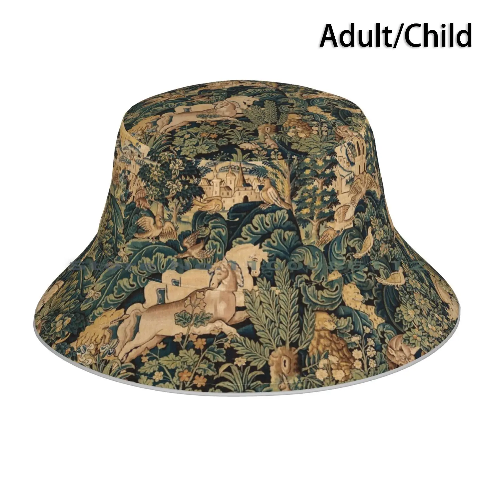 Fantastic Animals And Horses In Woodland Blue Green Ivory Antique French Tapestry Bucket Hat Sun Cap Forest Animals Fantastic