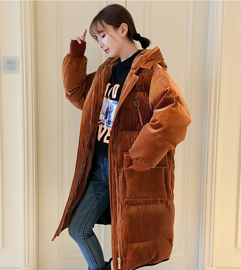 Corduroy Padded Cotton Jacket Coat Womens Winter Mid-length Thick Jacket New Korean Loose Down Parker Female Hooded Coat Fashion