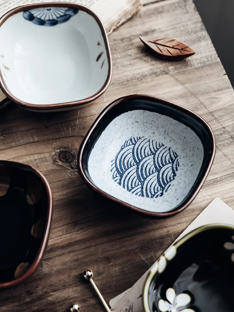 ANTOWALL-Hand-painted Ceramic Soy Sauce Bowl Dish, Square Small Bowl, Japanese Restaurant Tableware