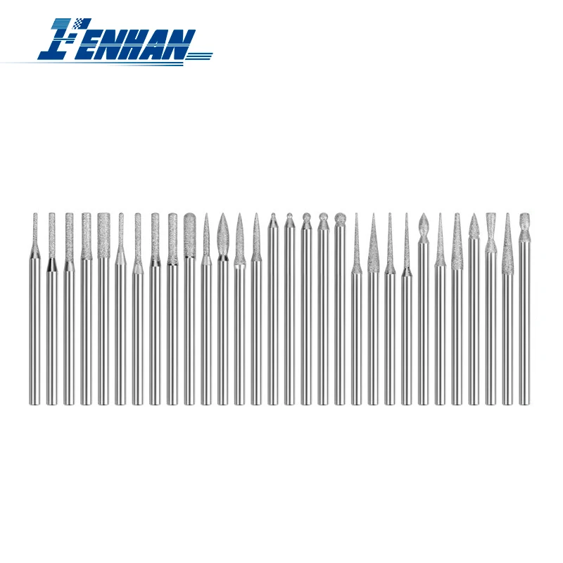 Diamond Grinding Burr Needle 30PCS 3.0mm Shank Point Engraving Carving Polishing Glass Jade Stone Drill Bit Rotary Tool