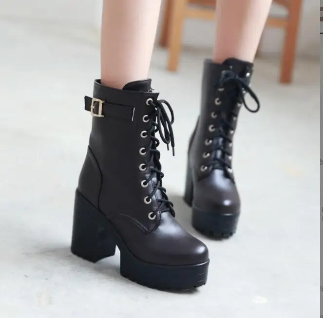 New Winter Lace-up leather women\'s boots Ankle Boots High Heels Ladies Shoes Femme Warm Short Boots White Black Shoes Plus Size