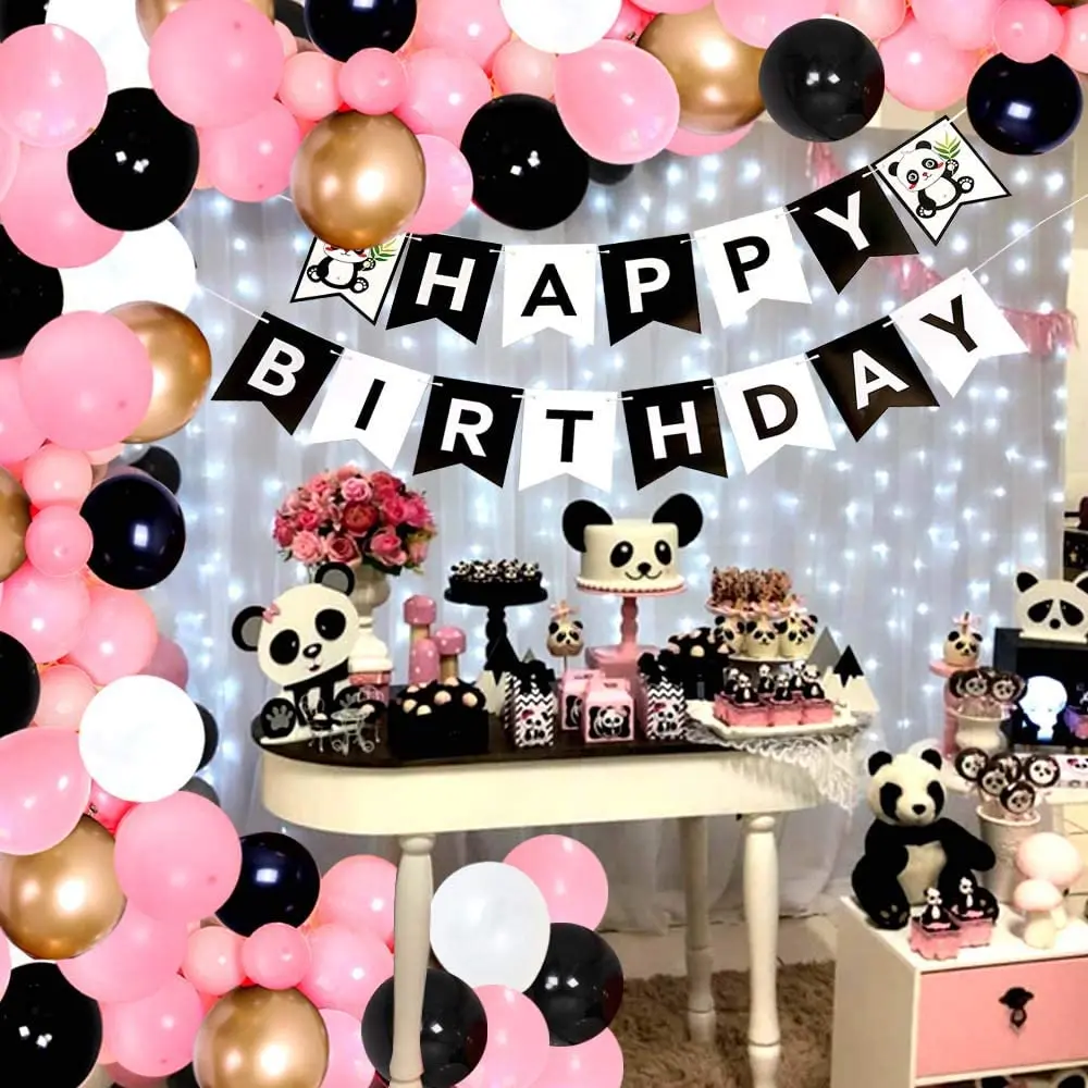 115 Pcs Black White Pink Balloon Garland Set Panda Pull Flag Theme Party Baby Shower Girl Birthday Romantic Proposal Decoration