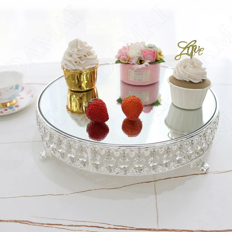 Hollow Out Mirror Trays Decorative Nordic Modern Crystal Embellishment Cake Stand Silver Plated Mirror Storage Tray Home Decor