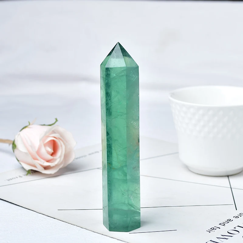 110-130mm Natural Crystal Point Green Fluorite Healing Stone Obelisk Quartz Wand Ornament for Home Decor Energy Stone Tower