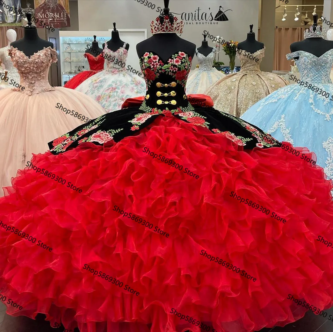 Black Red Princess Quinceanera Dresses 2025 Velvet Embroidery Lace-up Corset Gothic Ruffles Tiered  Masquerade Party Gowns