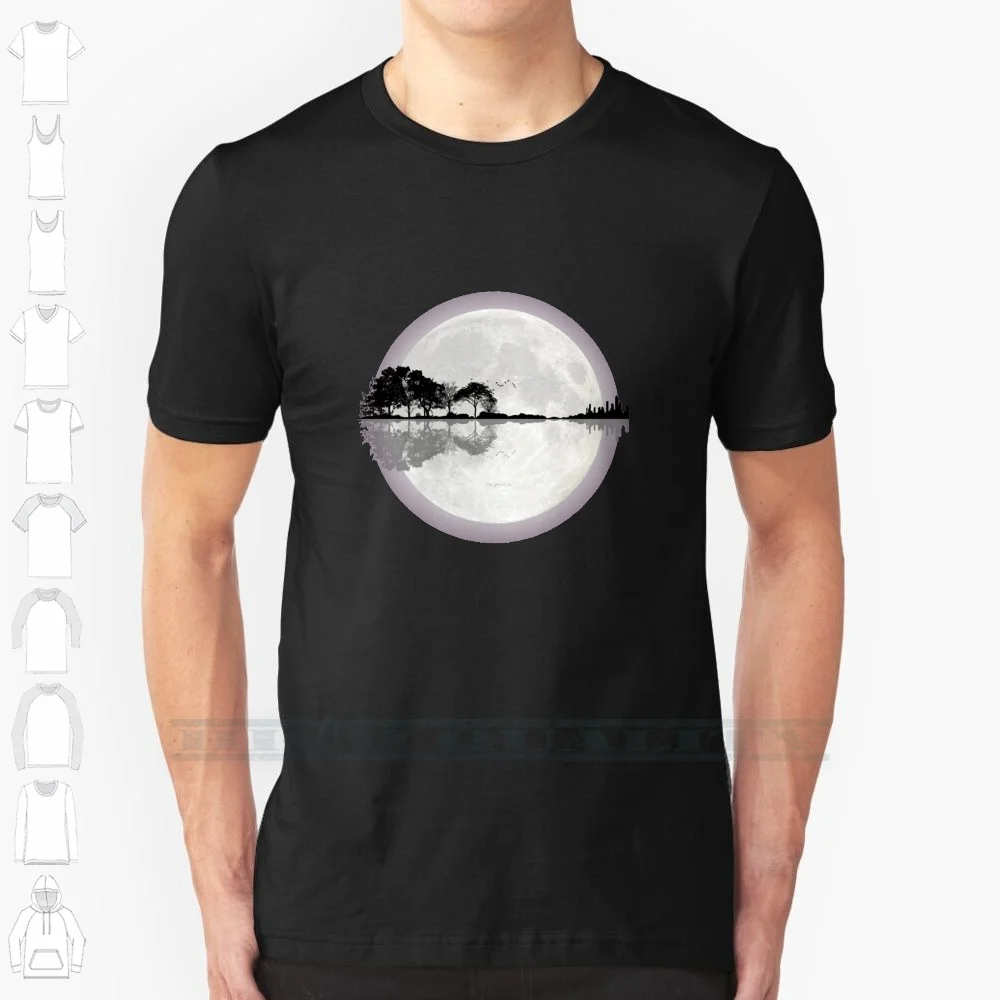 Moonlight Nature Guitar 100% Cotton T Shirt Guitar Nature Trees Silhouette Artistic Landscape Lake Ocean Animals Lover