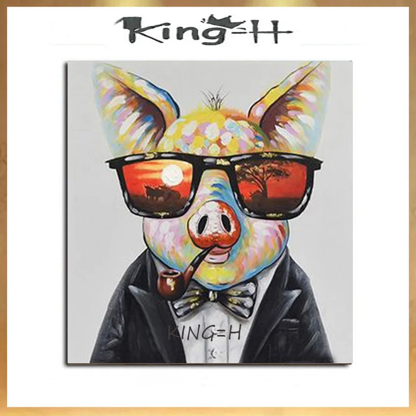 

Skilled Artist Hand-painted Knife Painting Lovely Animal Pig Oil Painting on Canvas Cute Artwork Pig with Glasses Oil Painting