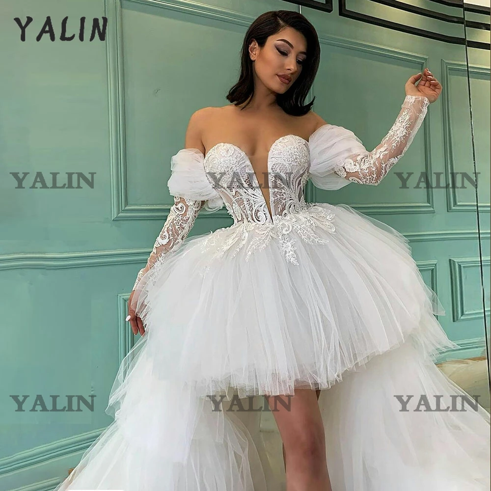 2022 New Short Wedding Prom Dresses High Low Fluffy White Tulle With Detachable Train Sexy Deep V-neck Tiered Mesh  Gowns