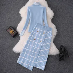 YUZACDWX Runway Designer Women Sweater Skirt 2Pcs Set 2019 Autumn Winter High Neck Knit Top+Plaid Skirt Suit Set Lady Twinset