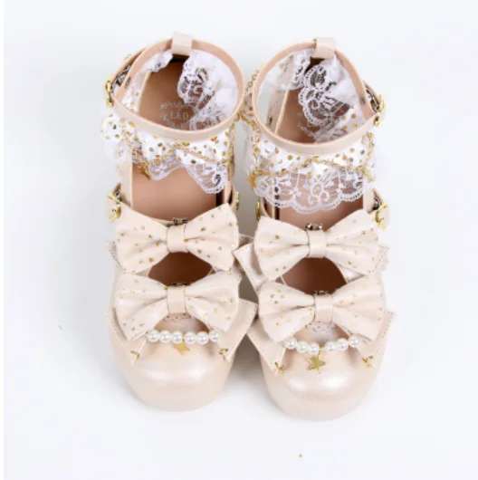 Sweet lolita shoes vintage cute lace bowknot round head thick heel women shoes princess kawaii shoes loli girl cosplay