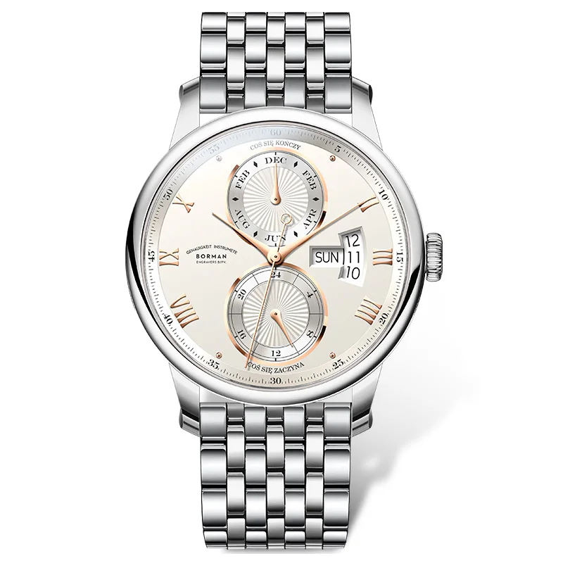 BORMAN 316L Stainless Steel Mens Watches Retro Men Mechanical Automatic Watches Multifunction Sapphire Glass Waterproof Watches