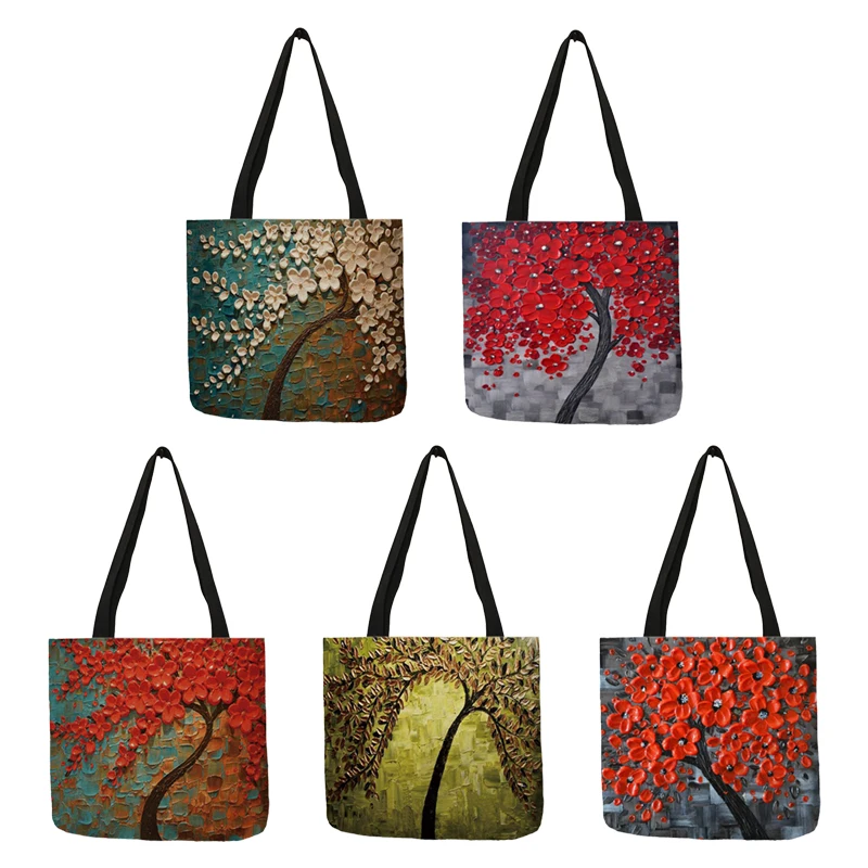 Oil Painting Style Handbag for Woman Large Tree Blossom Colorful Bags Eco Linen Fabric Reusable Tote Bag School Traveling