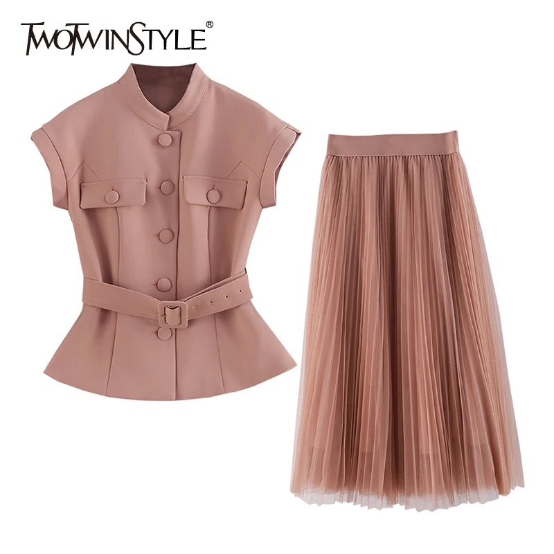 

TWOTWINSTYLE Elegant Pink Two Piece Set For Women Stand Collar Sleeveless Tops High Waist Pleated Mesh Skirt Female Sets 2022
