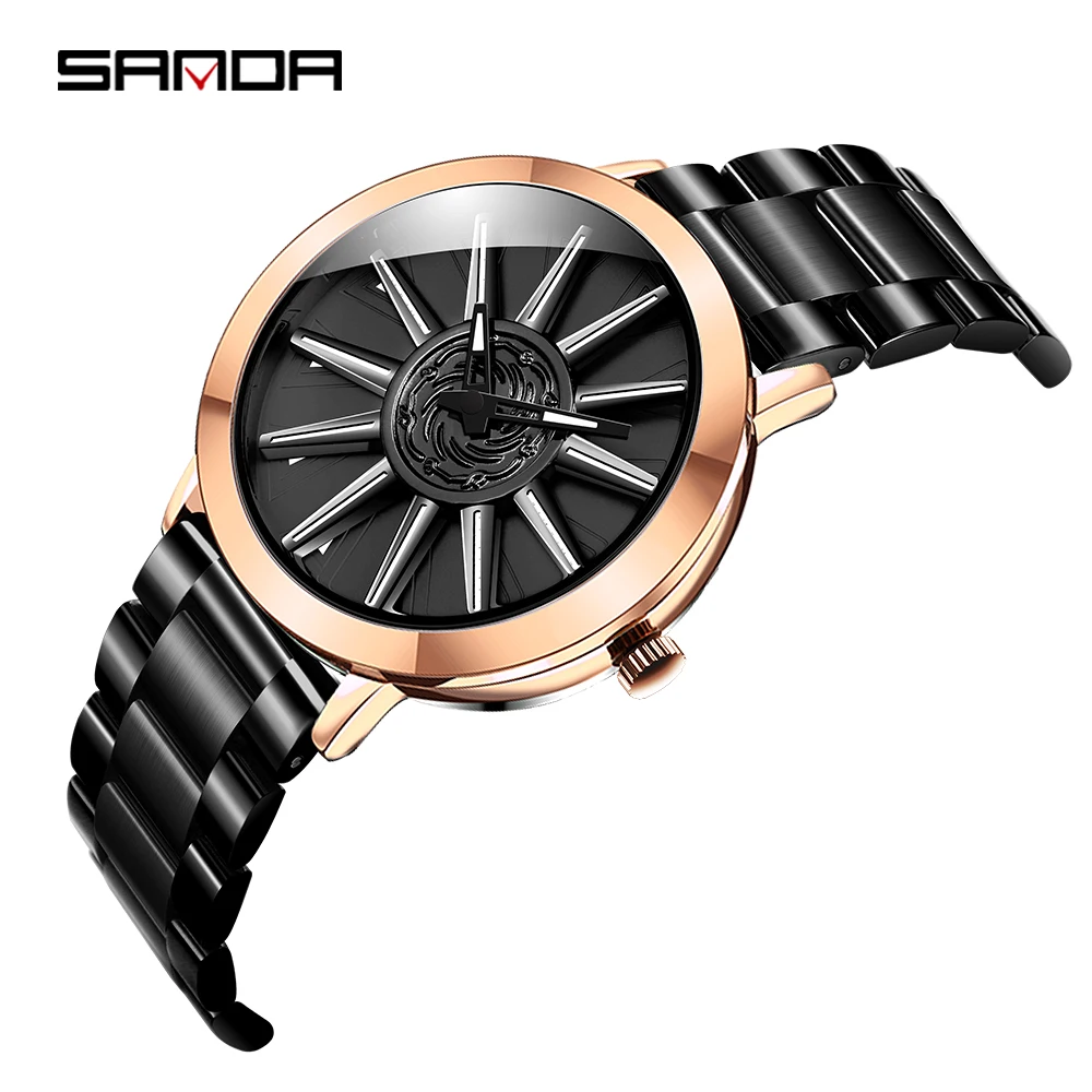 

Sanda Hot Sell Fashion Cool Men Watch Creative Wheel Shape Rotating Dial Steel Band Quartz Movement Gift Relogio Masculino 1032