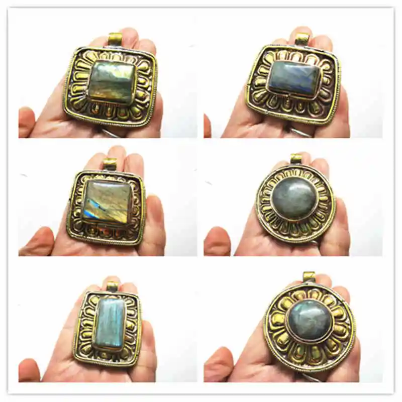 Indian Handmade Vintage Pendants Copper Capped Natural Labradorite Big Pendant TBP723