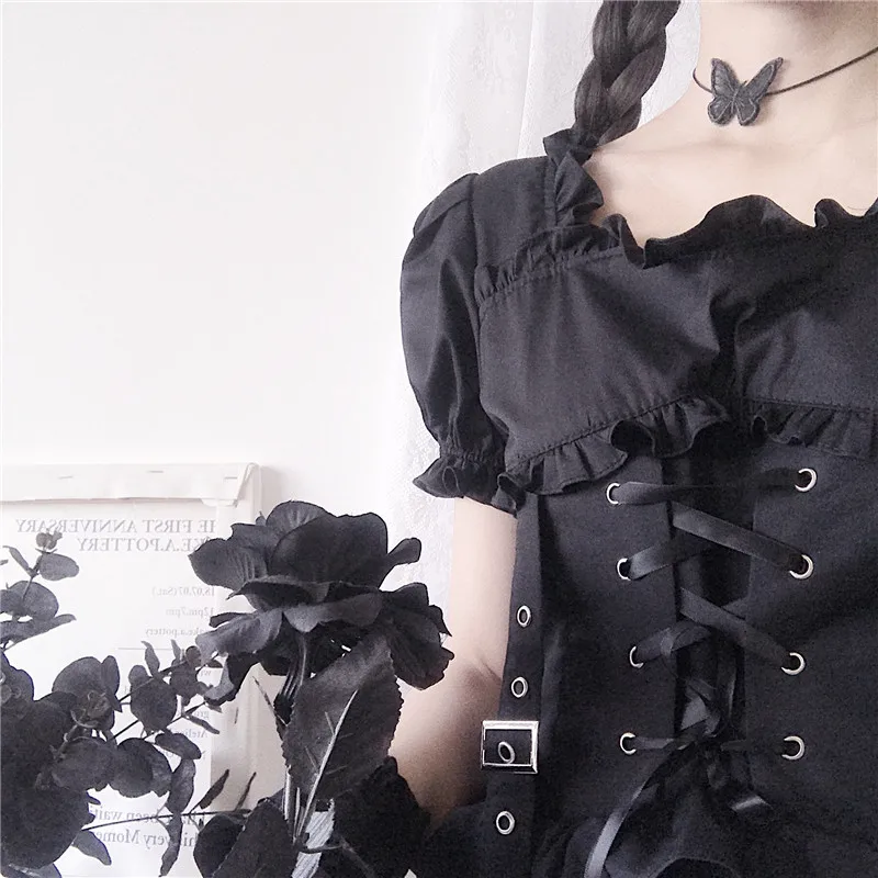 YBYR Black Gothic Lolita Dress Japanese Girl Punk Style Puff Sleeve Bandage Mini Dress Women Sexy Ruffles Dresses Club Clothes