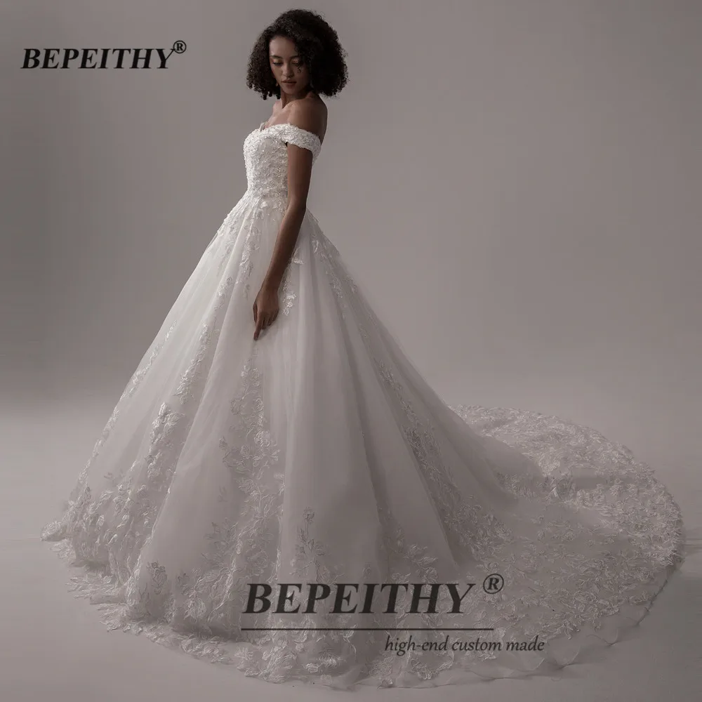 BEPEITHY Luxury Lace Wedding Dresses 2022 Off The Shoulder Princess Bridal Dress Court Train Sleeveless Ball Gown Wedding Dress