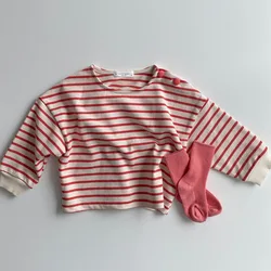 子供と赤ちゃんのための長袖のストライプのTシャツ,綿の服,男の子と女の子のためのファッション,秋