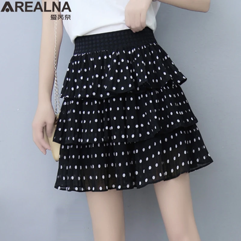 

2022 Summer Women Elasticity Waist Mini Skirt Ladies Chiffon Skirt Casual Cake Skirts Femme Polka Dot Pleated Skirts Jupe Femme