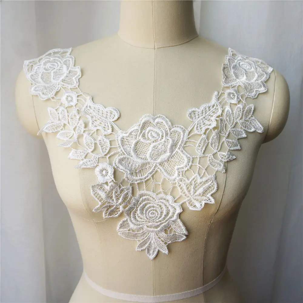 Bronze White Black Red Embroidered Gown Appliques Lace Fabric Trims Collar Mesh Sew On Patches For Wedding Decoration Dress DIY