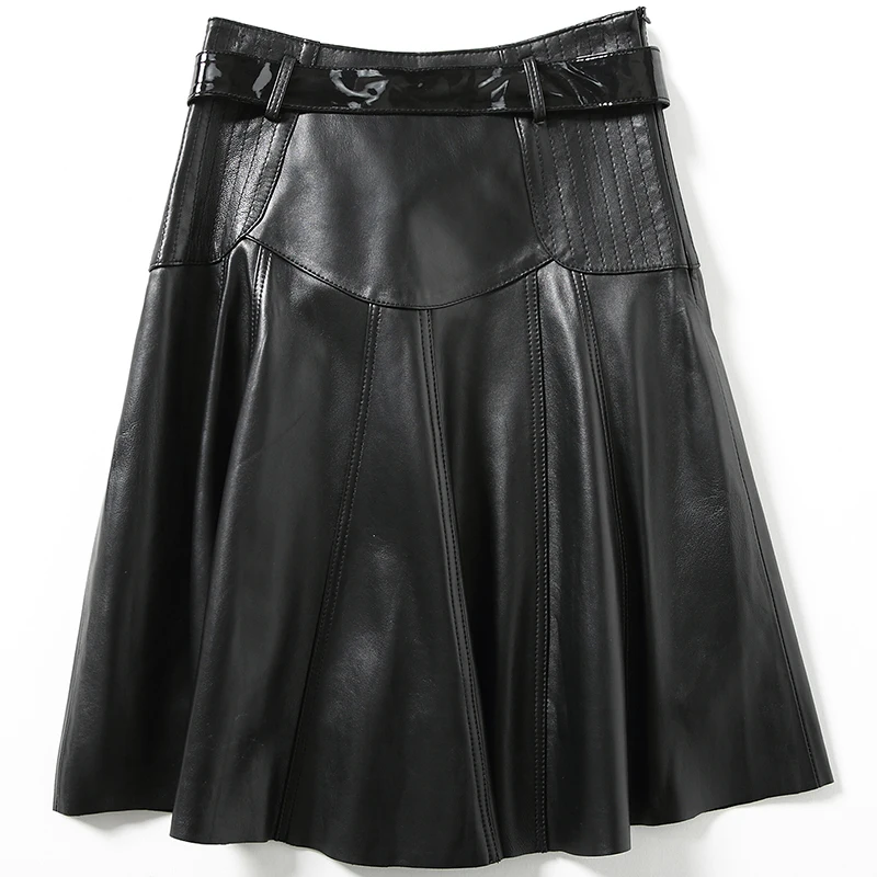 

Genuine Leather Skirts Womens Saia Midi Skirt Plus Size Pleated Skirt Sheepskin Spring Faldas Mujer Moda 2020 LWL1593