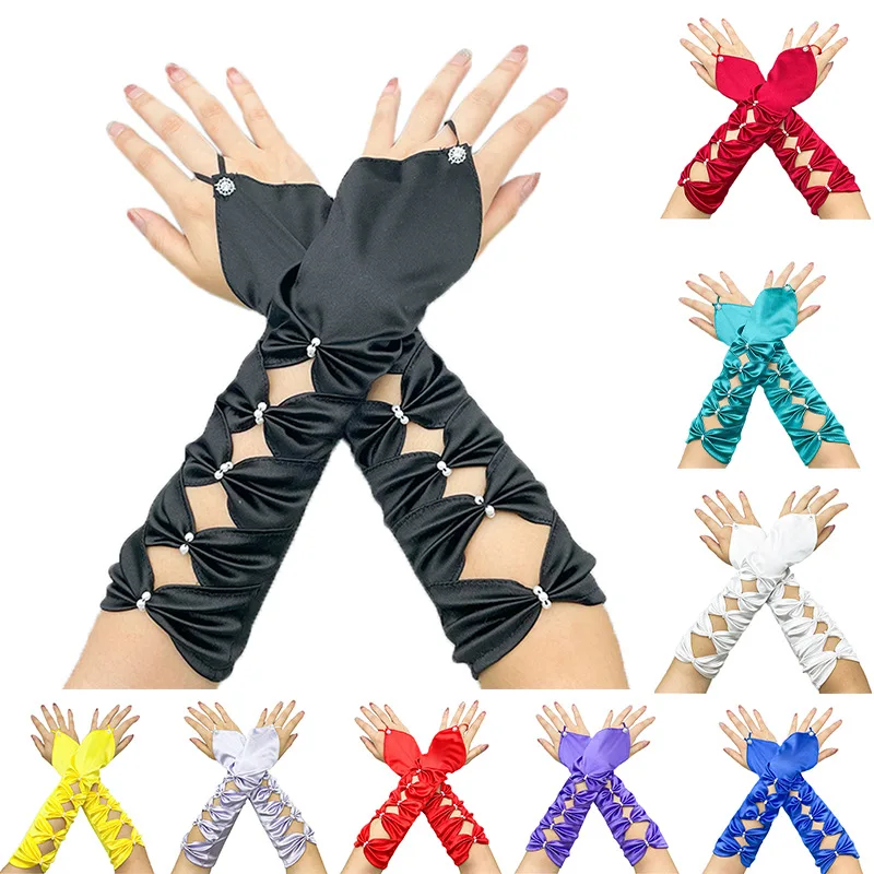 Women Hollow Hook Finger Bow Ceremonial Etiquette Satin Gloves Cosplay Dinner Party Evening Dress Matching Princess