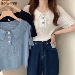 T-shirts Women Lovely Flower-Buttons Summer Short Sleeve Fashion Design Korean Style Ladies Chic Crop Tops Sweet Loose College