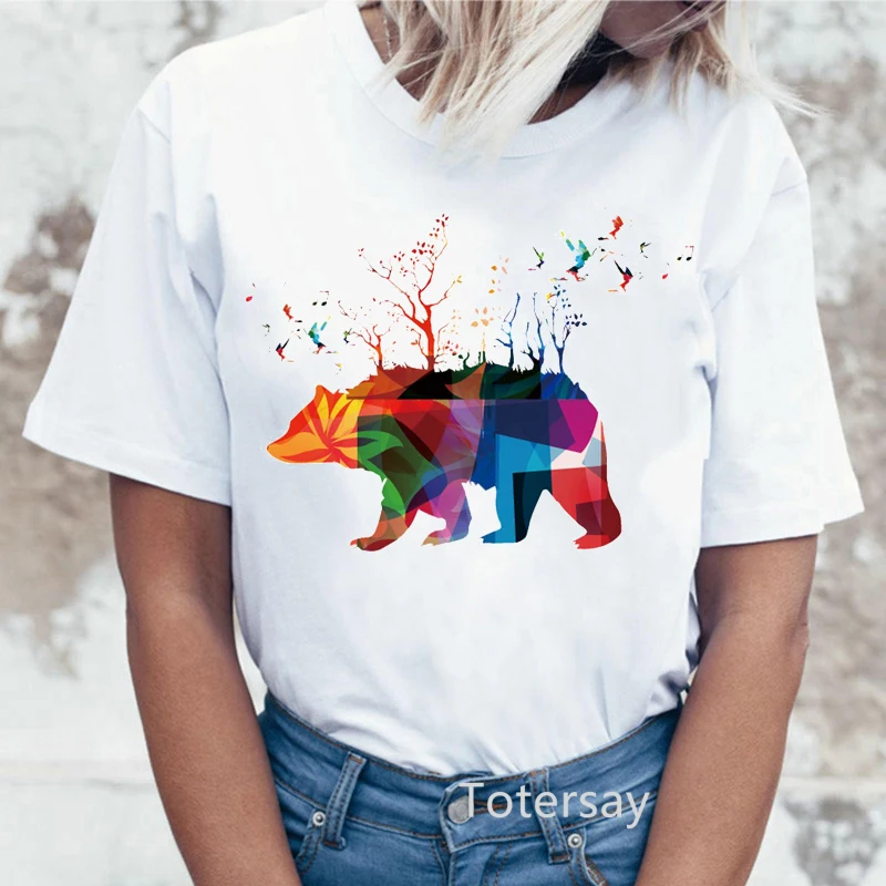 Fashion women's t-shirt animal painting bear and pretty girl printing t shirt ladies summer Harajuku women's tshirt Streetwear