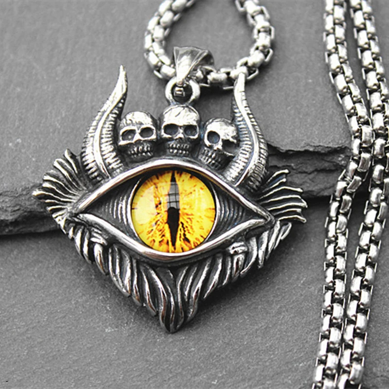 Domineering Men's Retro Evil Eye Demon Skull Head Horn Pendant Necklace