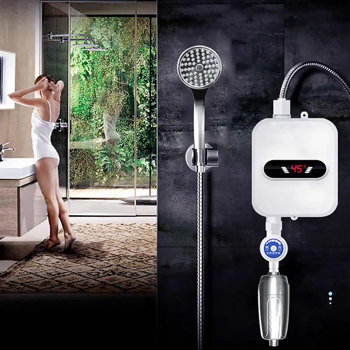 Instant Water Heater Shower 3500W 220V 3S Heating Bathroom Kitchen Tankless Electric Water Heater Temperature Display EU Plug