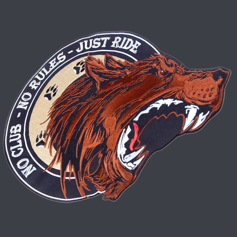 12.6 inches large Embroidery Patches single bear roaring NO CLUB NO RULES JUST RIDE for Jacket Back Vest Motorcycle Biker sew on