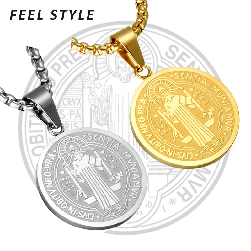 Catholic Saint Benedict Medallion Pendant Necklace Gold Silver Color Stainless Steel San Benito Collares For Men Jewelry