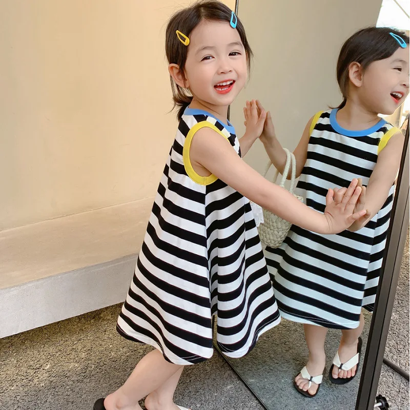 Summer Girls Dress 2021 New European American Style Simple Cool Loose Striped Vest T-Shirt Dresss Kids Children\'S Clothing