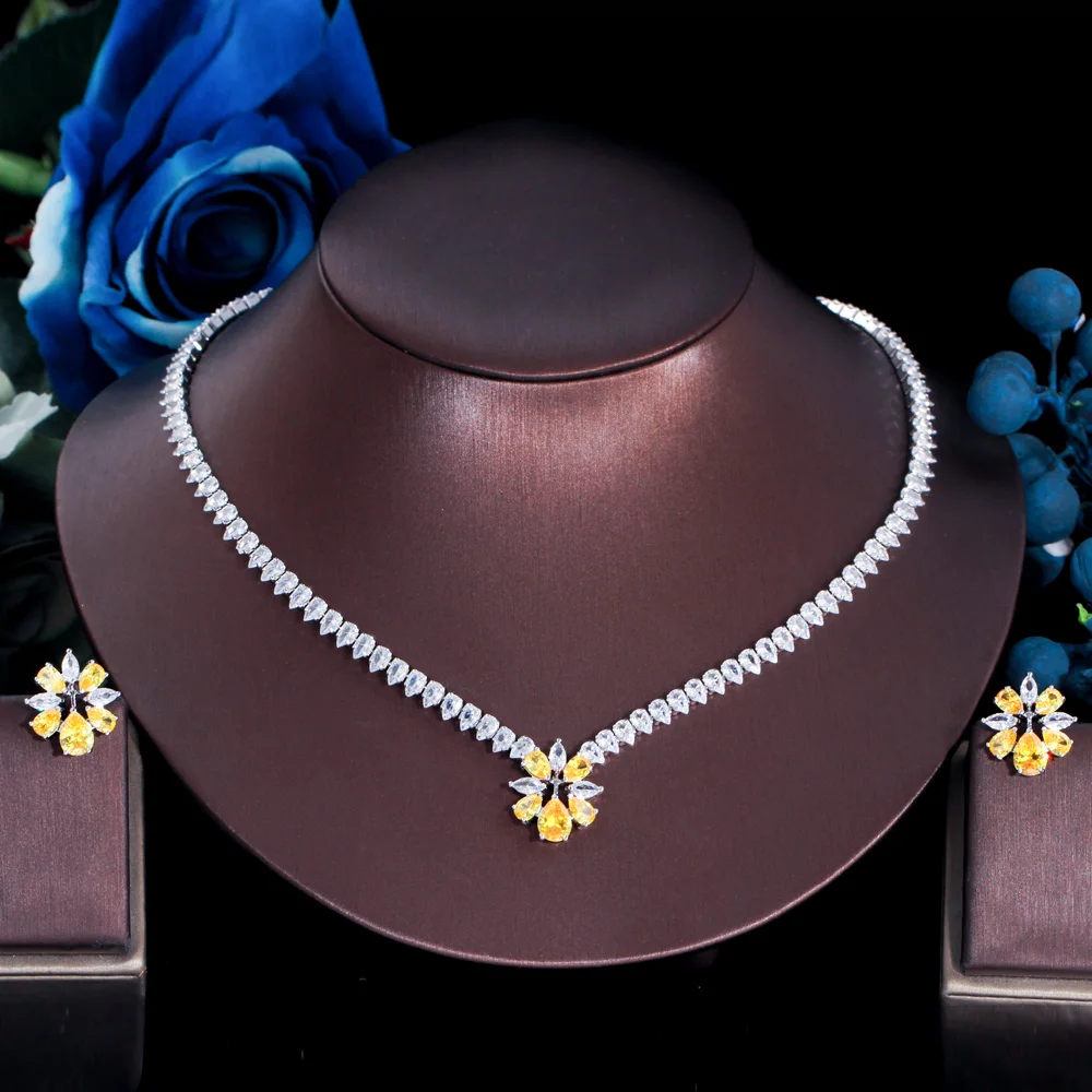 ThreeGraces Yellow Flower Stud Earrings Necklace White Gold Color CZ Bridal Wedding Party Costume Jewelry Set for Women TZ656