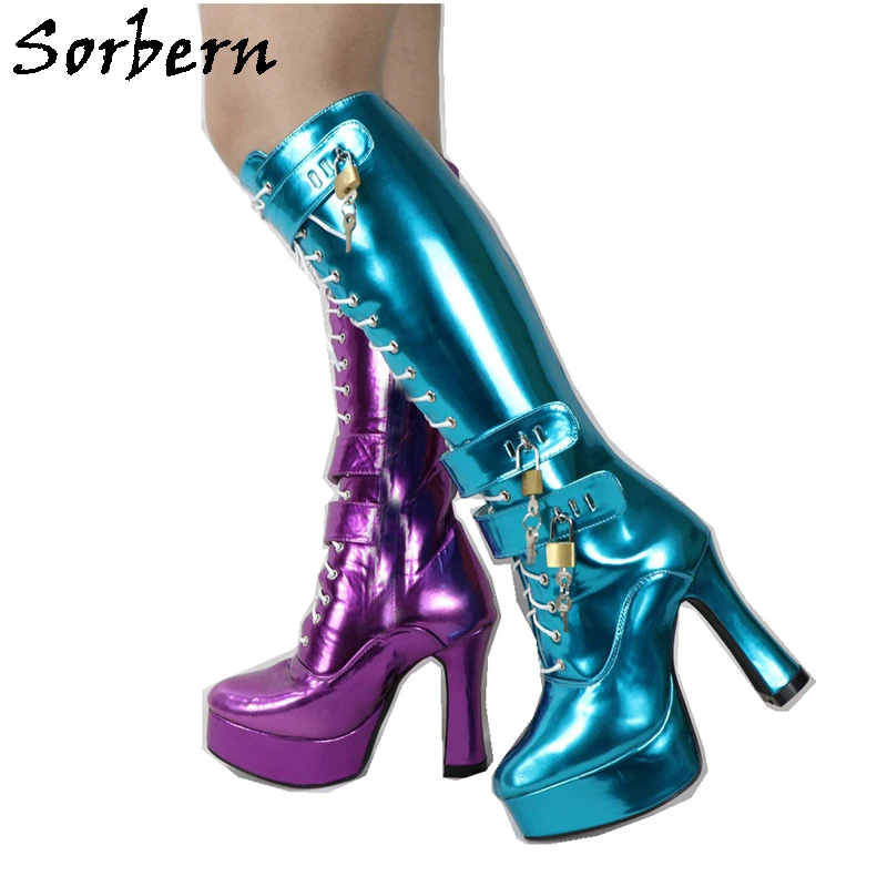 Sorbern Blue Metallic Locking Women Boots Knee High 6 Lockable Strap Lace Up Block Heels Spool Platform Sexy Fetish Boot Lady