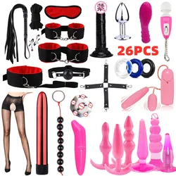 Women Fetish Mouth Gag Handcuffs Bondage Restraint Dildo Vibrator Anal Plug Nipple Clip Vibrator Adult Sex Toys Bdsm Set