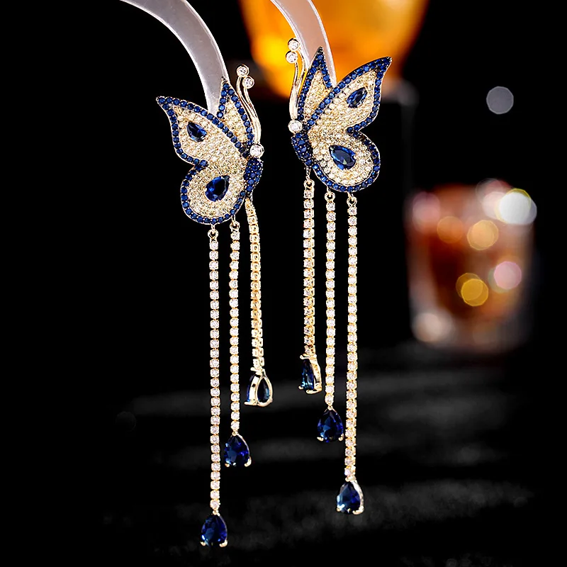 1pair Fully-Jewelled CZ Butterfly Drop Earring Sexy Tassel Long Earrings Fashion Jewelry for Woman Party Accessory