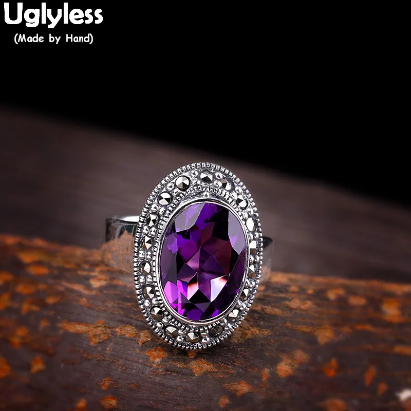 

Uglyless Noble Purple Crystal Rings for Women Vintage Party Dress Open Rings Marcasite Oval Gemstones Bijoux Fine Jewelry R876