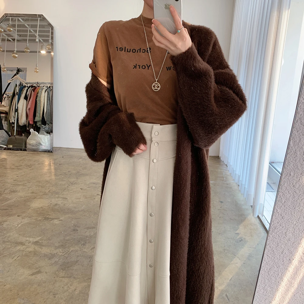 Thick Sweater Coat Women Mink Cashmere Turn-down Collar Loose Long Cardigan Sweaters Female 2022 Winter Clothing Knitted Black