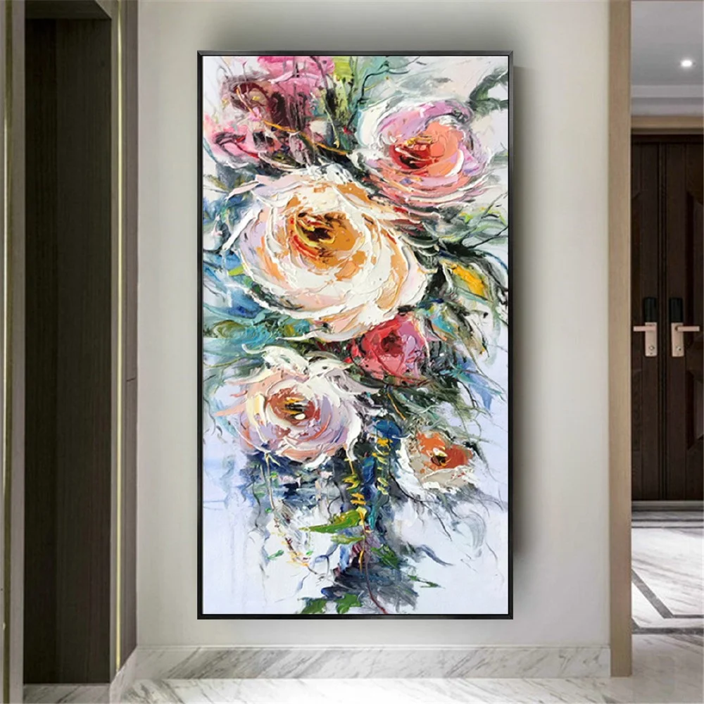 Nordic Abstract Flower Blooming Rose Tulip Canvas Painting Modern Hand-Painted Oil Painting Wall Art For Gallery Home Room Decor