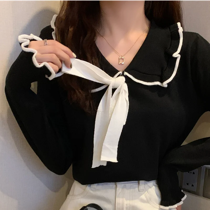 Y2k Pullovers Women Bow All-match Basic Sweater Flare Sleeve BF Peter Pan Collar Knitting Harajuku Spring Soft Clothing Elegant