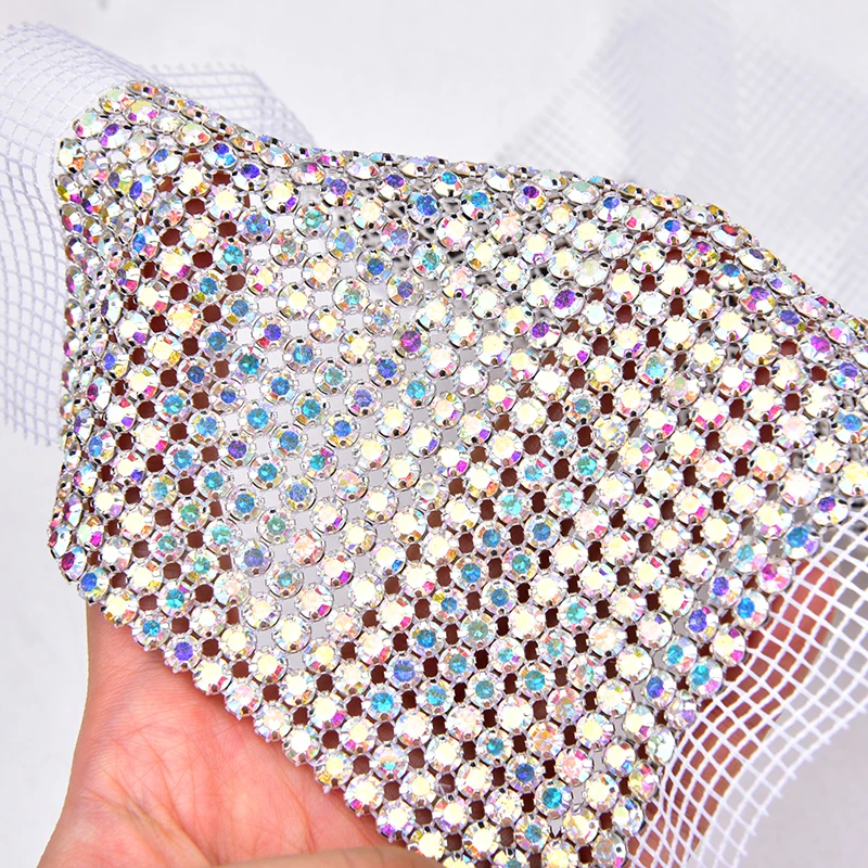 24 Rows Crystal AB Color Bling Silver Claw Rhinestone with White Mesh Net Sew on Diamond Trimming DIY Bags Shoes Bow Decoration