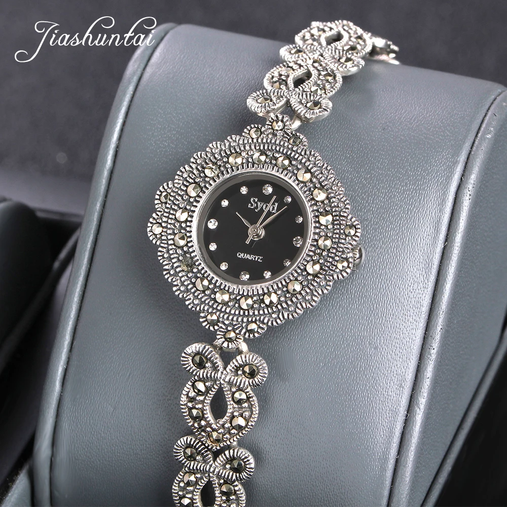 ZHJIASHUN Vintage 100% Silver 925 Watch For Women Retro 925 Sterling Silver Clock Female Fashion Bracelets Watch Jewelry