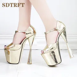 SDTRFT Stiletto Dames Nachtclubs Dans Sandalen Platform schoenen vrouw 20 cm Dikke Hakken Crossdresser T-Strap Goud Zilver pompen