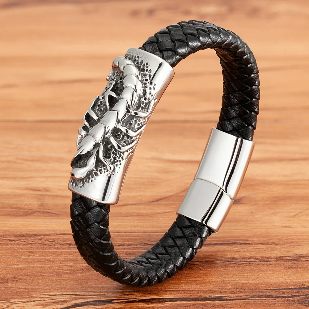 TYO Cool Style Men Leather Bracelets & Bangles Skull Owl Scorpion Snake Braided Wrap Stainless Steel Bracelets For Halloween