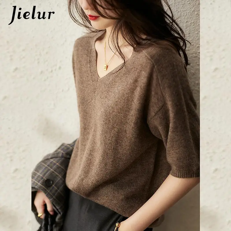 Jielur Solid Colour Knitted Women\'s Sweater Short-Sleeved Ladies V-Neck Cotton Pullover Korean Bottoming Shirt Sweater Summer