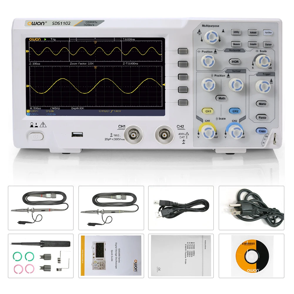 OWON SDS1102 Oscilloscope 2-Channel Digital Oscilloscopes 100MHZ Bandwidth 1GS/s High Accuracy Oscilloscope